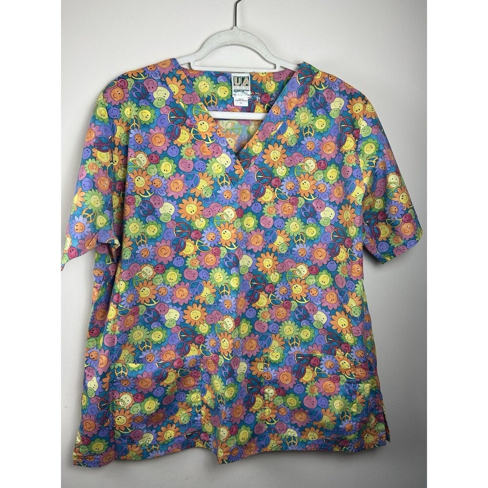 VTG UA Scrub Retro V-Neck Woven Medical Top L Multicolor Hippie Flower Power